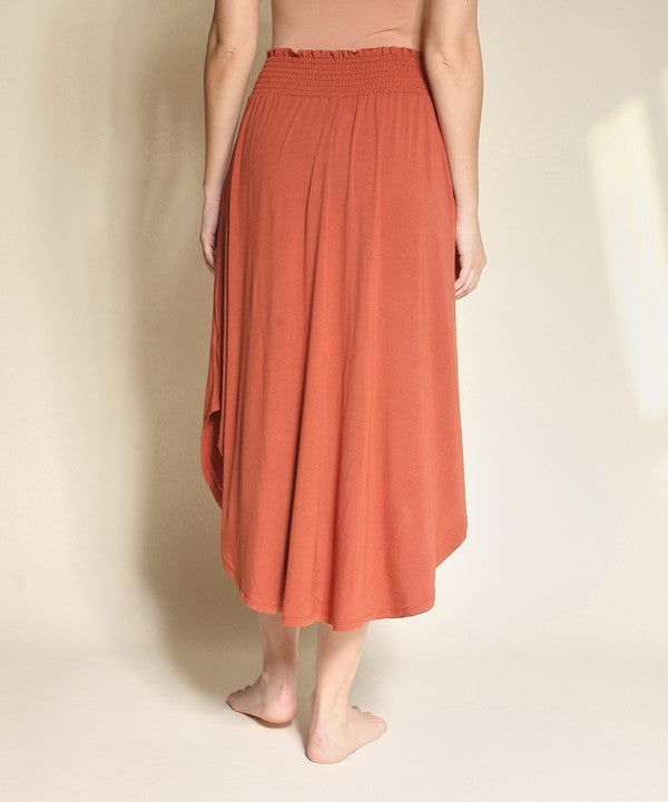 Bamboo Maxi Skirt with smocked elastic waist, made from organic bamboo and spandex.