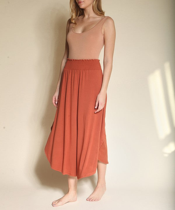 Bamboo maxi skirt with smocked elastic waist, organic bamboo fabric, made in USA.