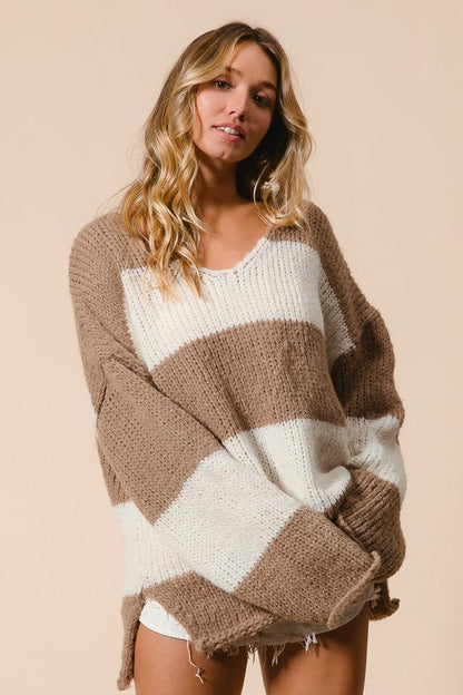 Neutral Colored Slit Striped V-Neck Dropped Shoulder Sweater