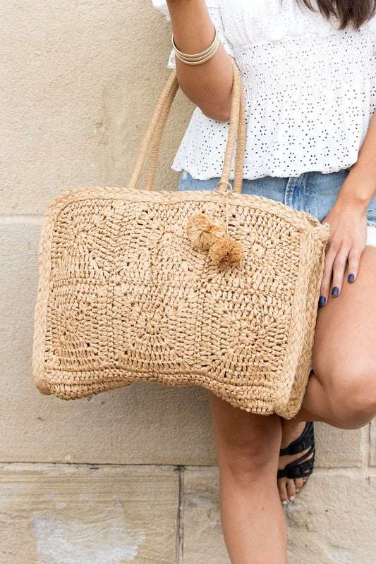 Eco Friendly Straw Traveler Tote with handle and woven embellishment