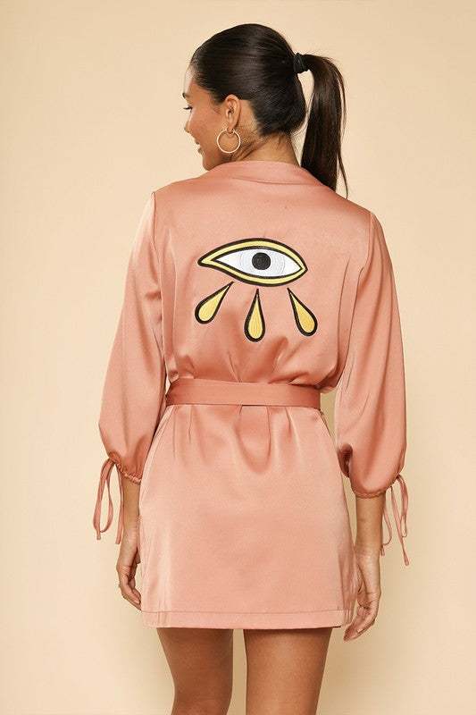 Satin Wrap Robe with Embroidery and Self Tie Detail