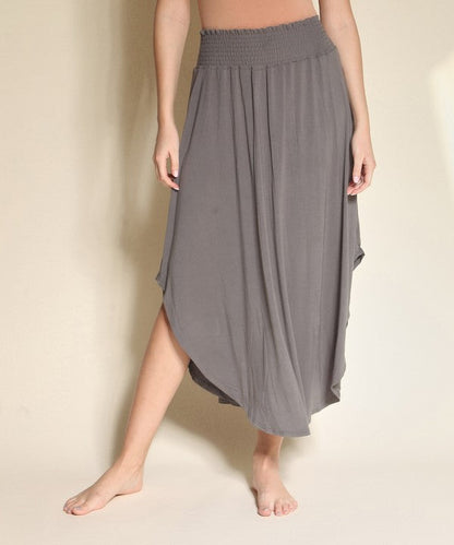 Bamboo Maxi Skirt with smocked elastic waist, flexible fit, organic bamboo fabric.