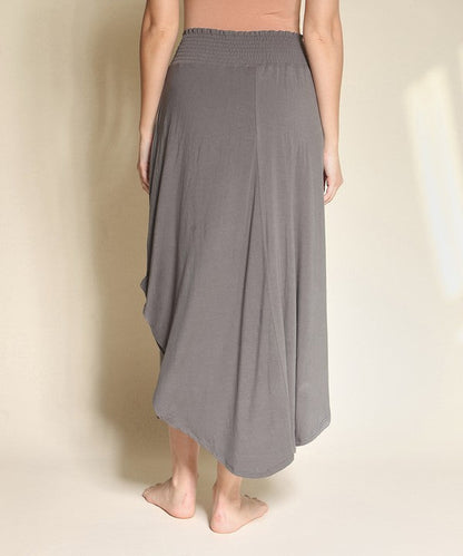 Gray bamboo maxi skirt with smocked elastic waist, flexible fit.