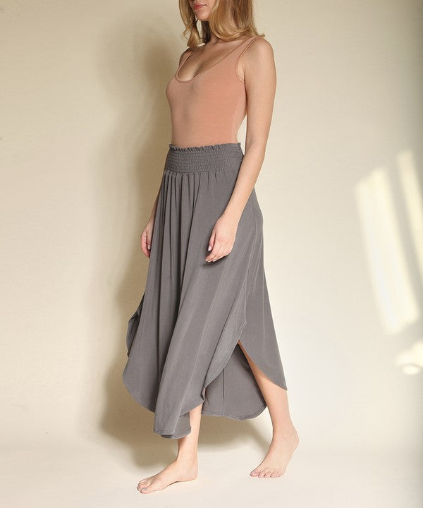 Bamboo maxi skirt with smocked elastic waist in a soft, flowing style.