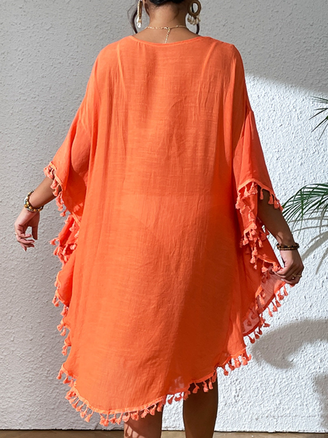 Orange tassel cutout scoop neck cover-up dress, semi-sheer fabric.