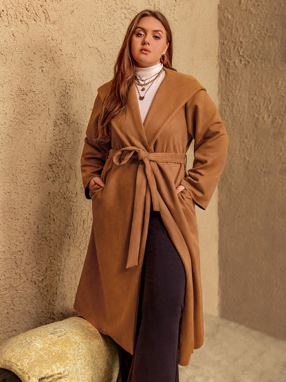 Plus size tied long sleeve hooded coat with pockets in brown.