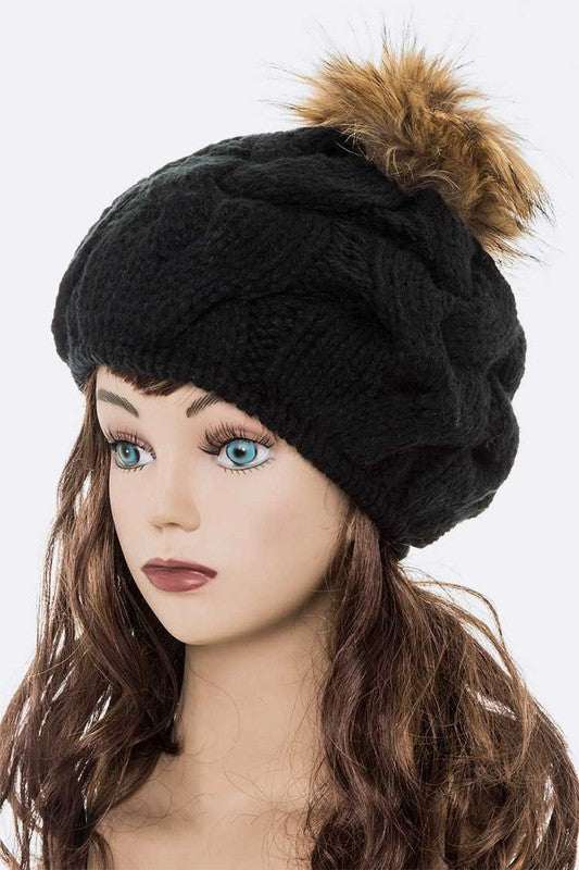 Large Fur Pom Cable Knit Beret Beanie with Detachable Faux Fur Pom Pom on mannequin.