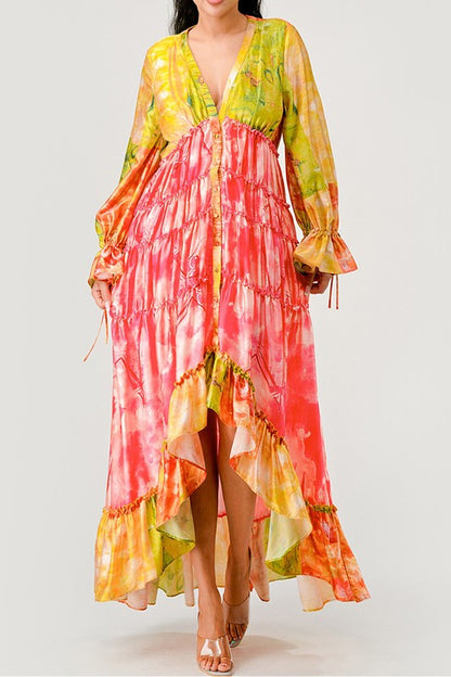 Sunset Breeze Tiered Maxi Dress with watercolor design and adjustable waist tie.