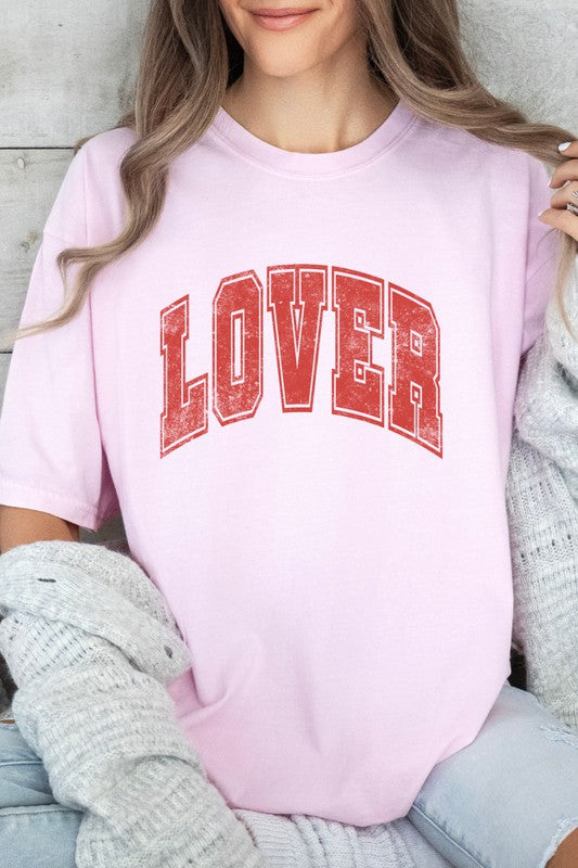 Lover Valentine's Day Graphic Tee in pink, short sleeve, Comfort Colors, 100% cotton.