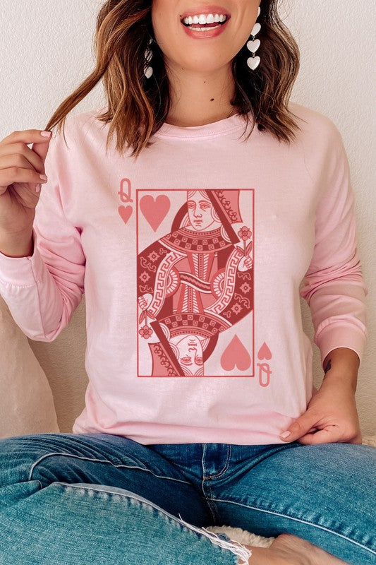 Queen of Hearts Valentine's Day long sleeve graphic shirt in pink, featuring a card design, worn by a woman.