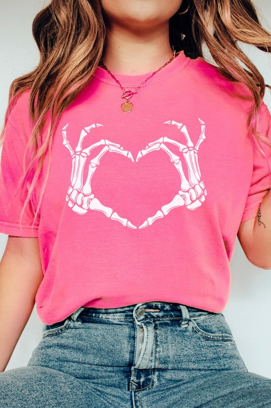 Skeleton Heart Valentine's Day Graphic Tee on pink Comfort Colors shirt.