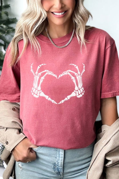 Skeleton Heart Valentine's Day Graphic Tee on model, Comfort Colors 1717, short sleeve, 100% cotton.