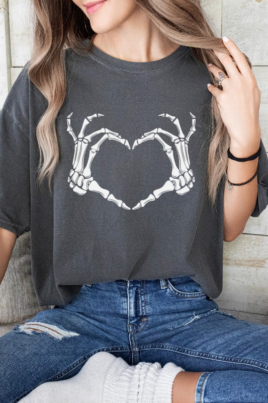 Skeleton Heart Valentine's Day Graphic Tee with skeleton hand heart design on dark unisex cotton shirt.