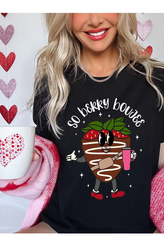 Berry Boujee Graphic Tee with chocolate strawberry design for Valentine's Day.