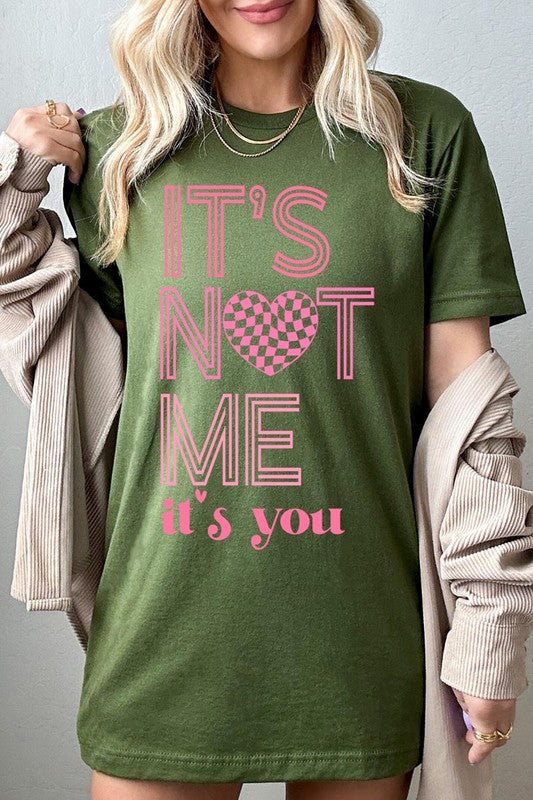 Unisex Valentine's Day graphic t-shirt with "It's Not Me It's You" print, casual style, round neck, short sleeves, solid color.