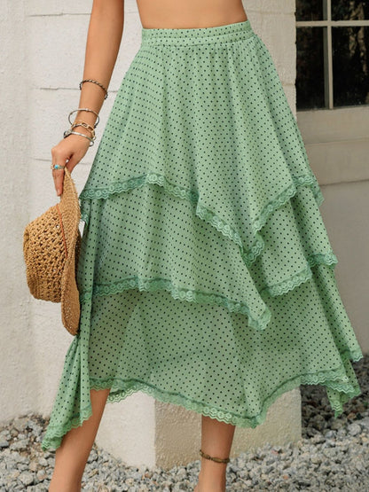 Lace detail layered printed skirt in green with tiered design.