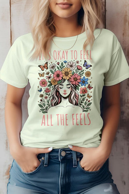 Eco-friendly boho graphic tee with floral design, unisex fit, short sleeves.