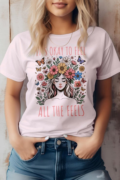 Boho graphic tee with floral design and inspirational text on eco-friendly cotton.