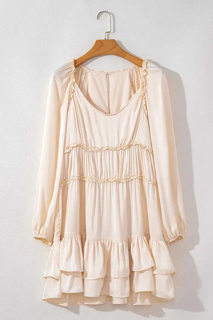 Frill Ruffled V-Neck Long Sleeve Mini Dress in cream with layered ruffles.