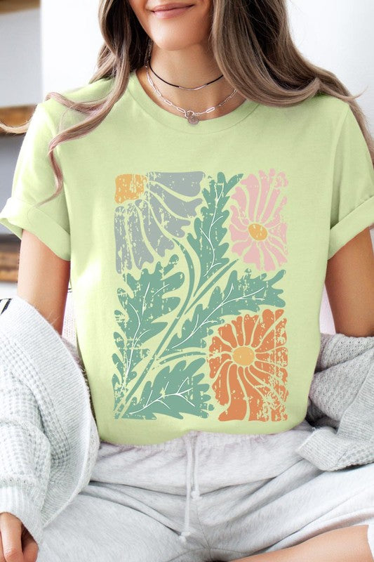 Distressed Boho Flowers Graphic Tee on a woman.