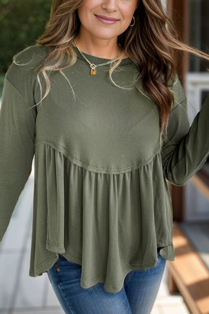 Plus size peplum round neck long sleeve blouse in green.