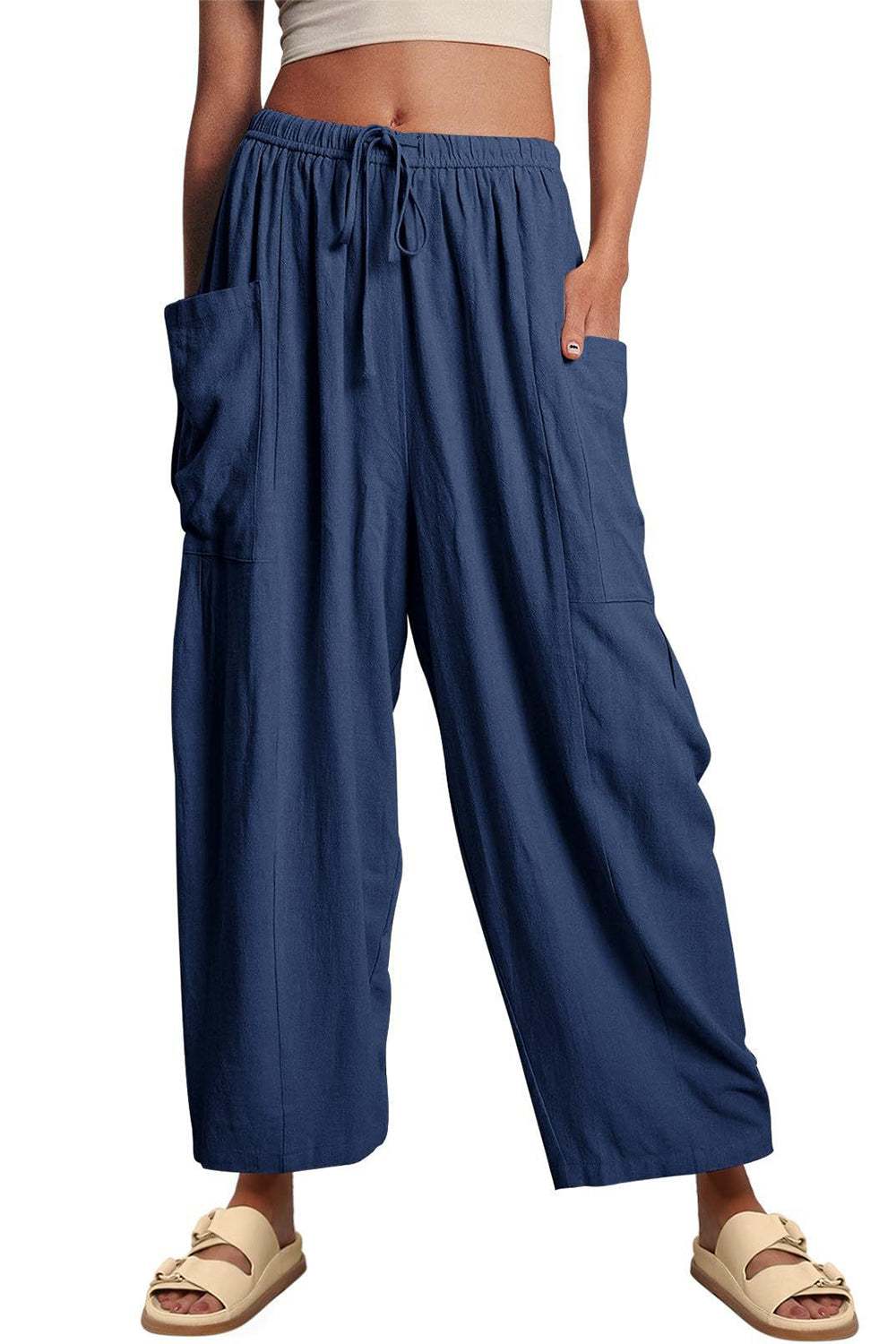 Boho Wide Leg Harem Pants with Pockets in navy, 100% polyester, full-length view.