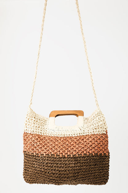 Color Block Convertible Braided Tote Bag with braided detailing and dual straps.