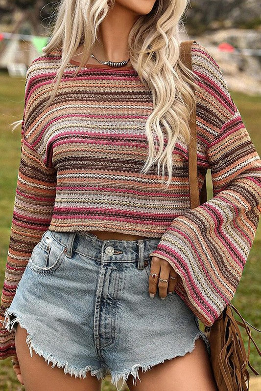 Red Ethnic Striped Wide Cropped Long Sleeve Top