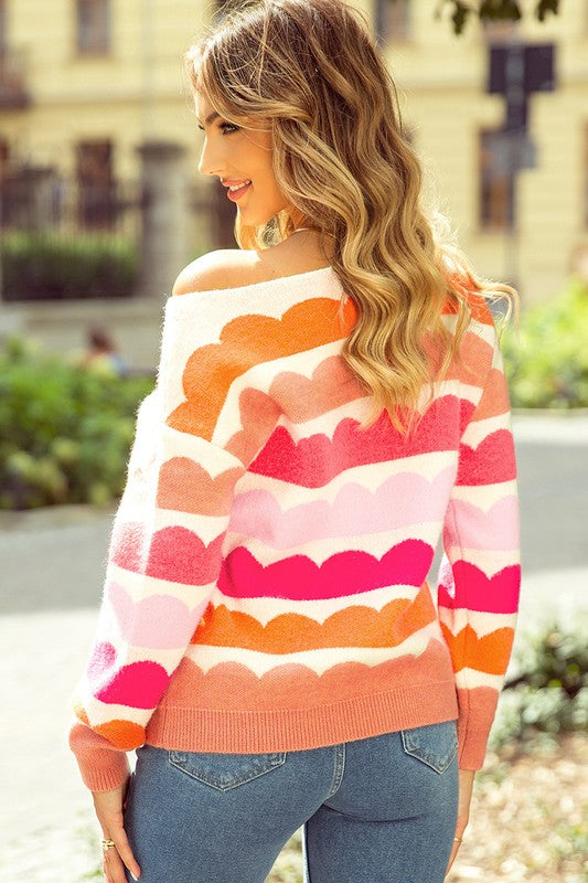 Wave Striped Balloon Sleeve Drop Sweater