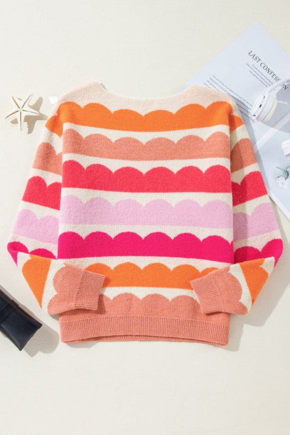 Wave Striped Balloon Sleeve Drop Sweater