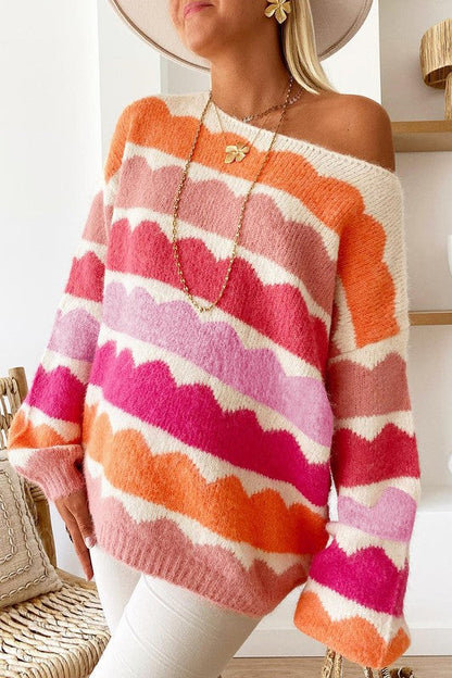 Wave Striped Balloon Sleeve Drop Sweater