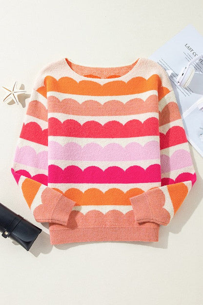 Wave Striped Balloon Sleeve Drop Sweater