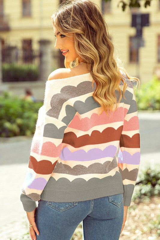 Wave Striped Balloon Sleeve Drop Sweater