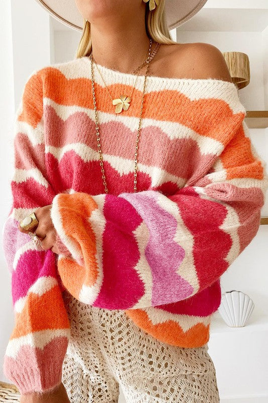 Wave Striped Balloon Sleeve Drop Sweater