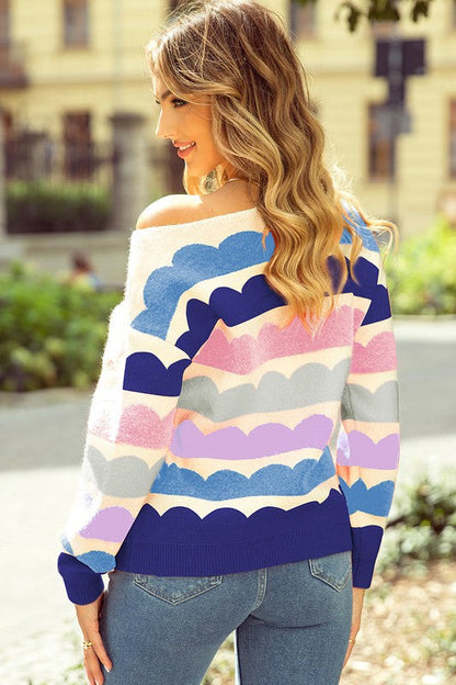 Wave Striped Balloon Sleeve Drop Sweater