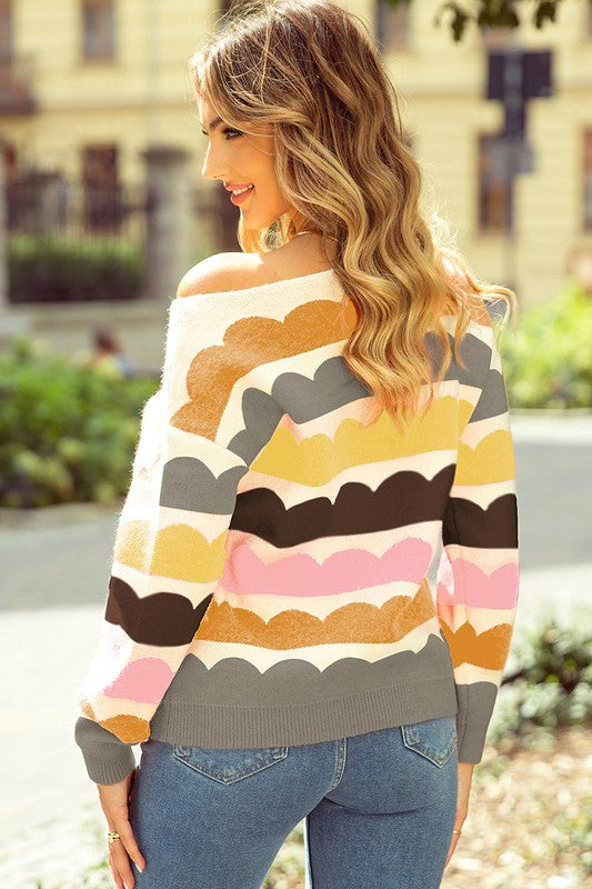 Wave Striped Balloon Sleeve Drop Sweater