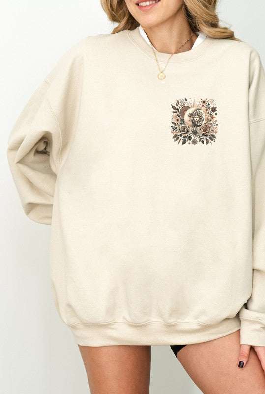 Time to Shine Graphic Sweatshirt with floral design, beige color, comfortable cotton-polyester blend.