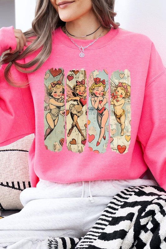 Retro Cupid Graphic Fleece Sweatshirt with vintage cupid design, pink color, comfortable cotton-poly blend.