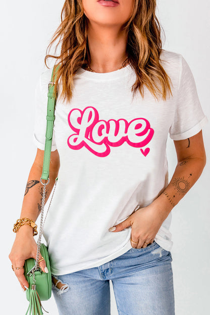 White LOVE Round Neck Graphic T-Shirt with pink lettering and heart.