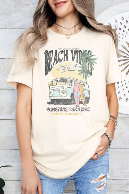 Beach Vibes Graphic Tee with retro beach design and palm trees.