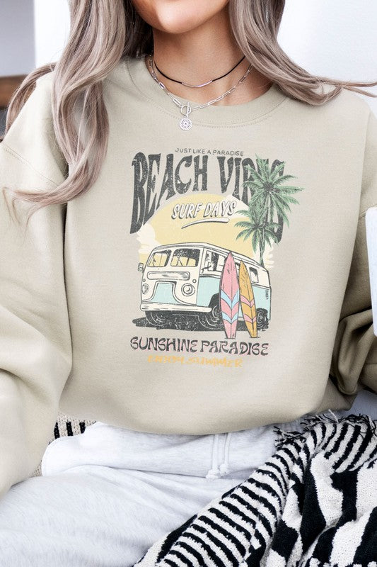 Beach Vibes Fleece Graphic Sweatshirt with beach chair and palm tree design, unisex oversized fit.