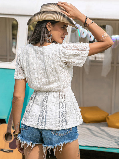 Lace V-Neck Short Sleeve Top with semi-sheer design and slight stretch.