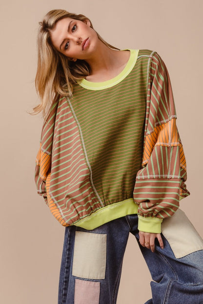 Color block striped round neck sweatshirt for casual style