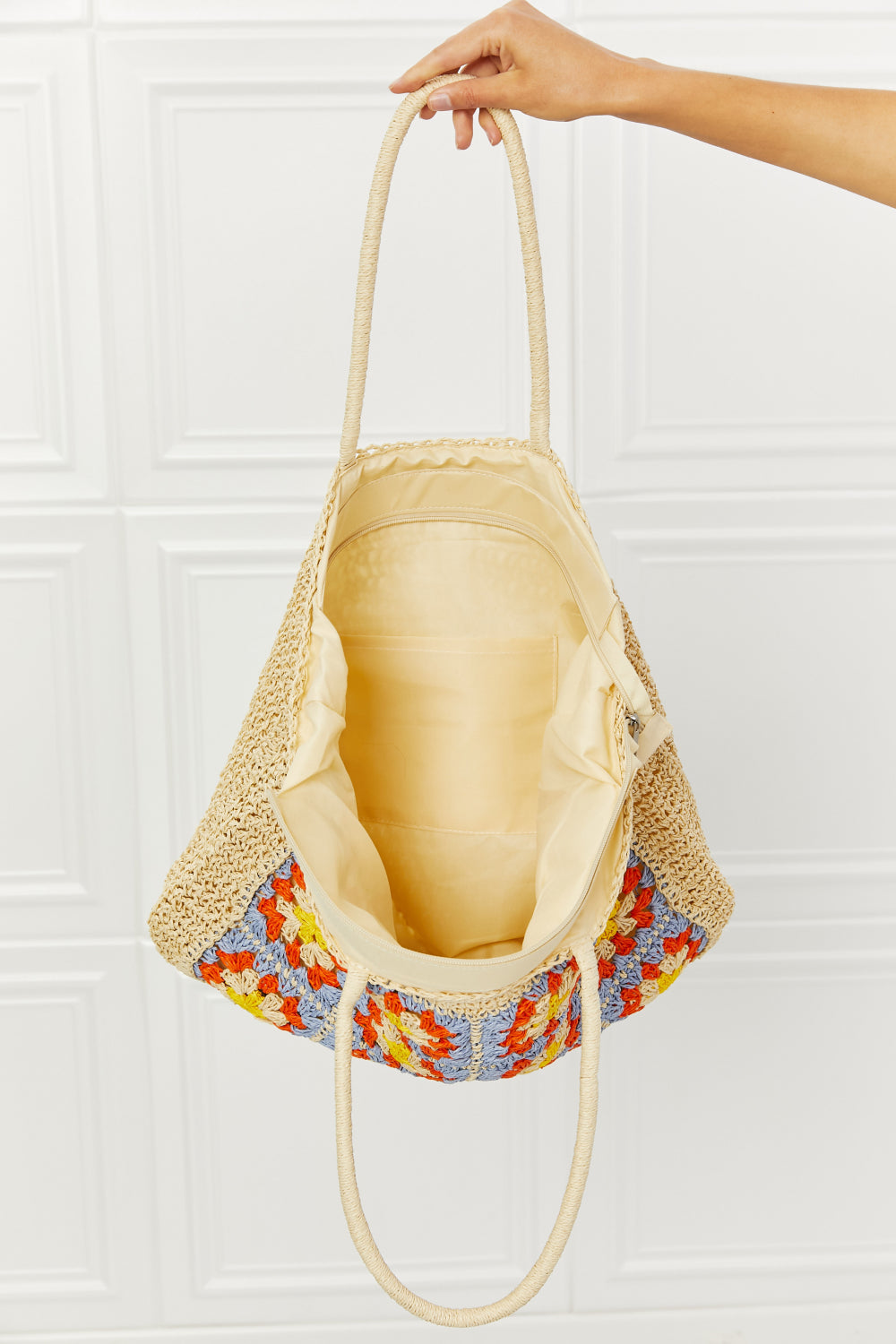 Large Coast Straw Tote Bag with embroidery design, featuring crochet style, long straps, and zipper closure.