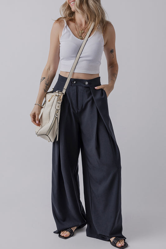 Dual Buttoned High Waist Pleated Wide Leg Pants