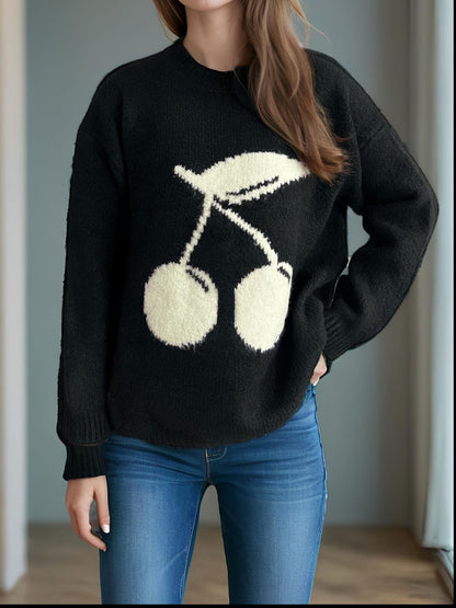 Cherry round neck long sleeve sweater with cherry design.