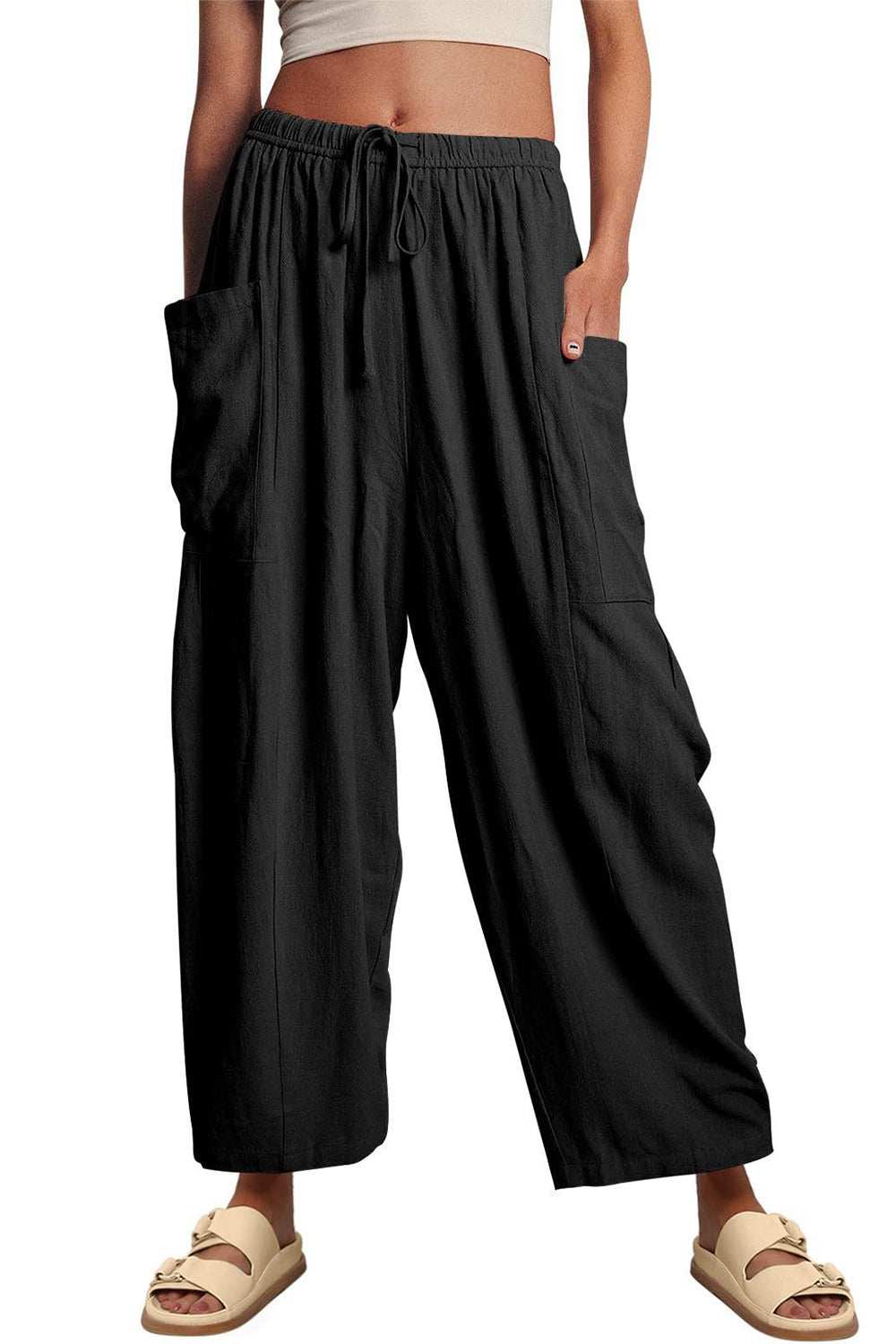 Boho Wide Leg Harem Pants with pockets in black, 100% polyester.