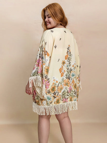 Plus size fringe printed open front cardigan in light fabric with floral design.