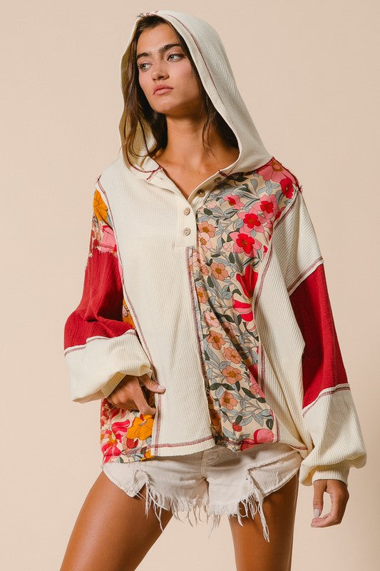 Contrast Stitching Floral Half Button Hoodie