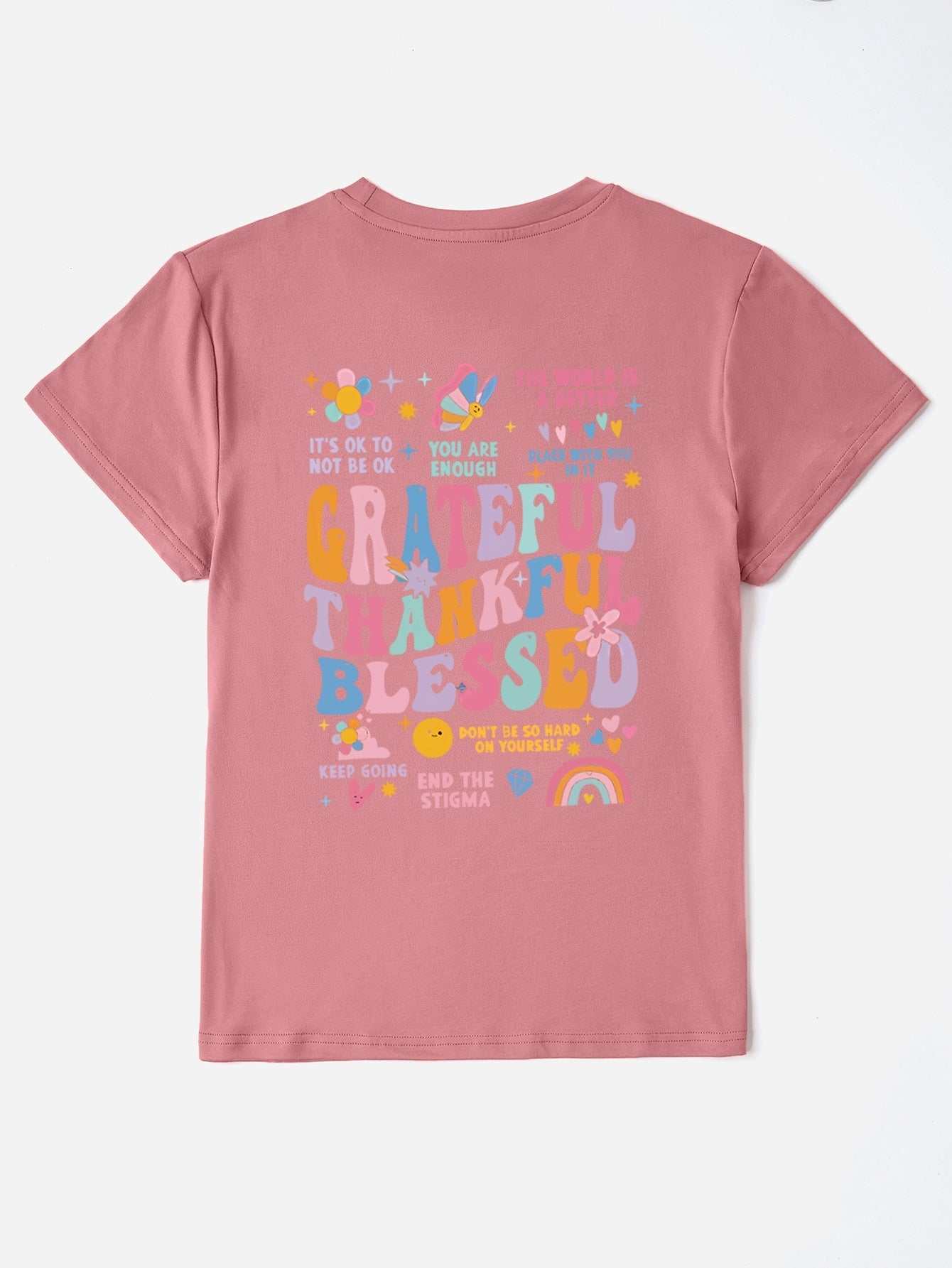 Grateful Thankful Blessed graphic t-shirt in pink, polyester, slightly stretchy, imported.